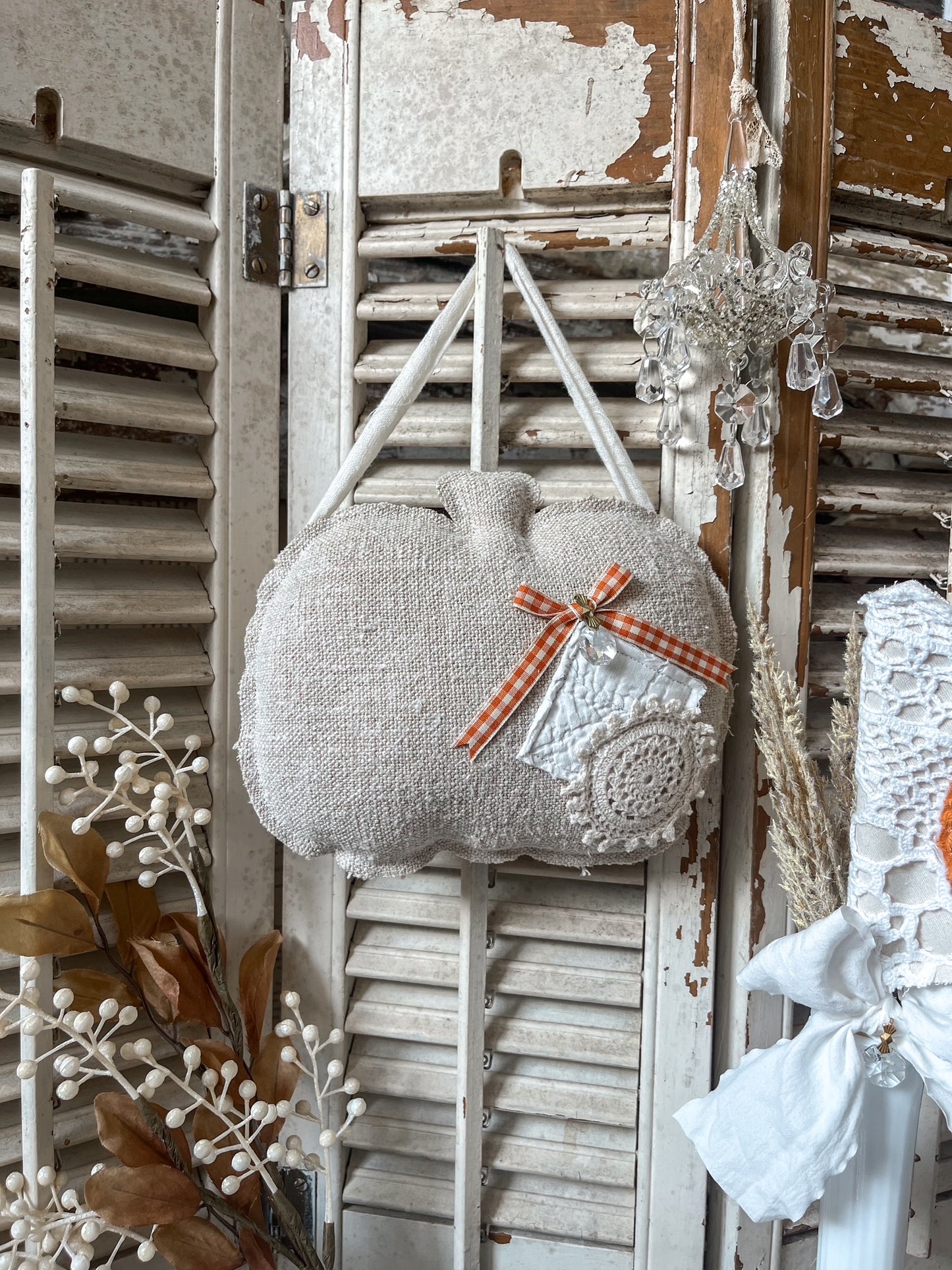 Hanging Vintage Grain Sack Pumpkin - Large