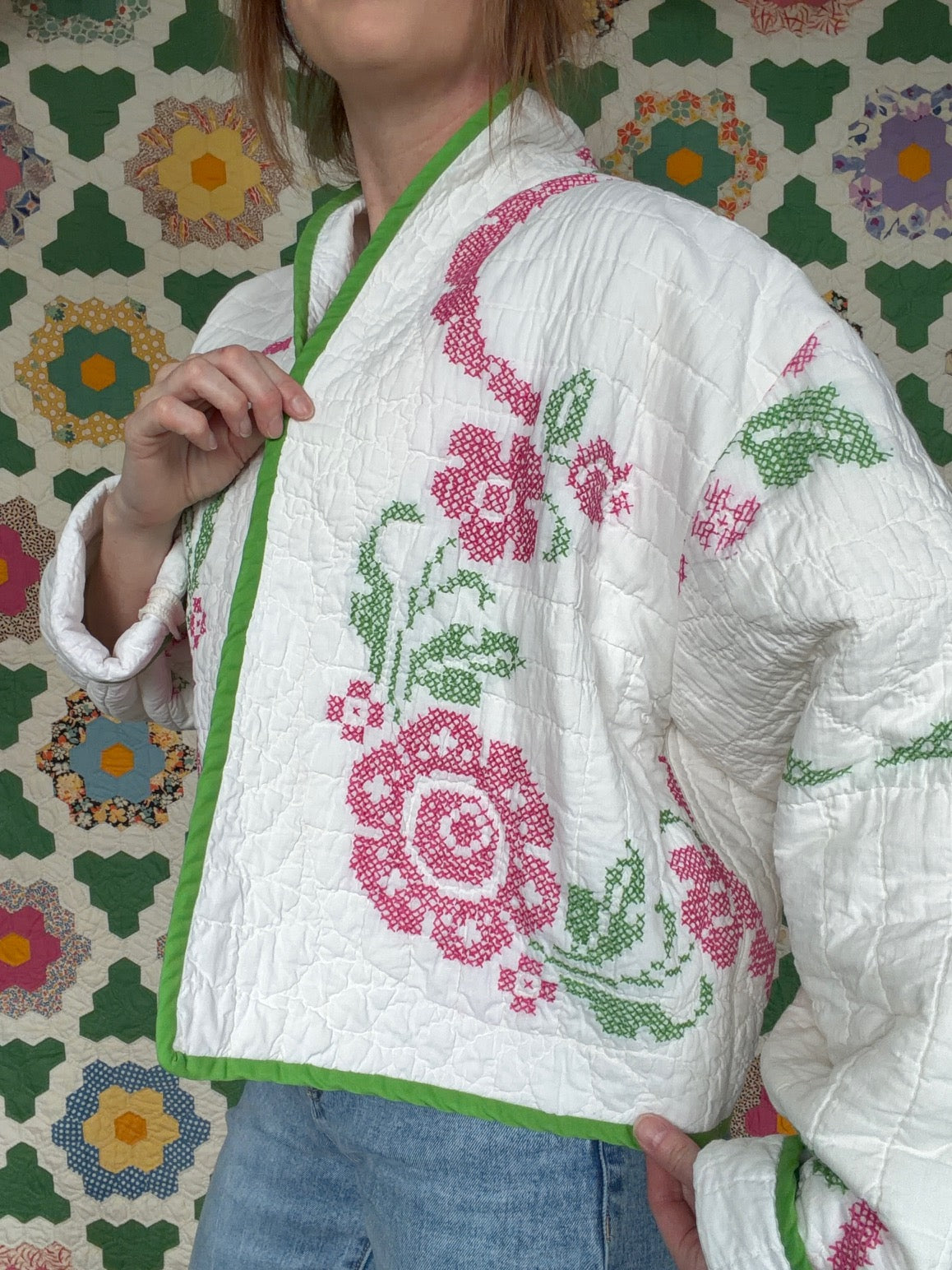 Cross Stitch Garden Vintage Quilt Jacket - Medium