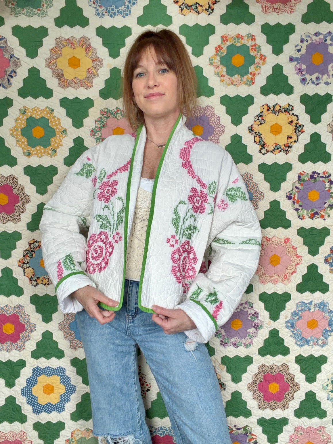 Cross Stitch Garden Vintage Quilt Jacket - Medium