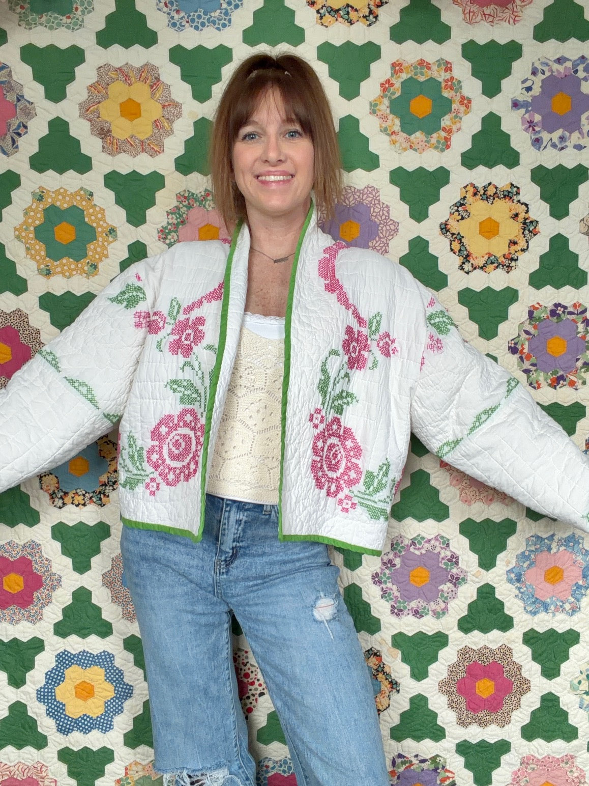 Cross Stitch Garden Vintage Quilt Jacket - Medium