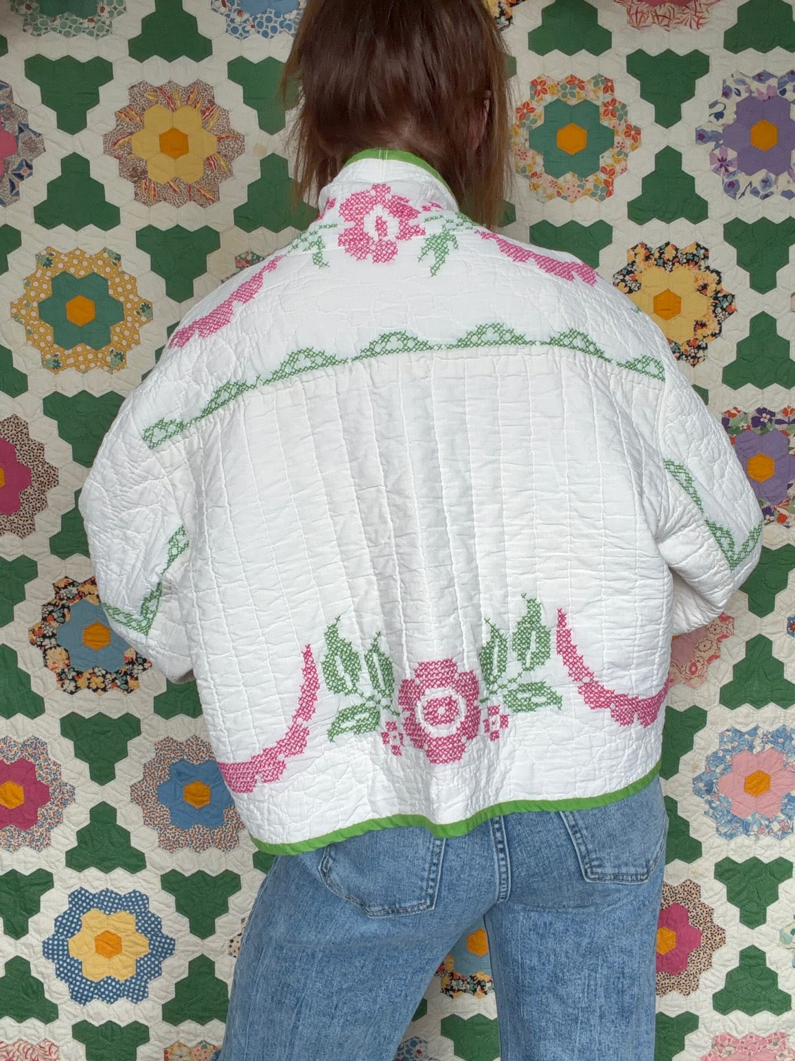 Cross Stitch Garden Vintage Quilt Jacket - Medium